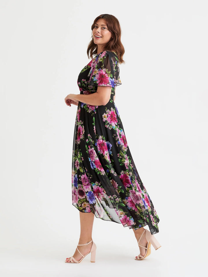 Scarlett & Jo Tilly Black/Pink Print Angel Sleeve Sweetheart Midi Dress - Curvy Chic Boutique