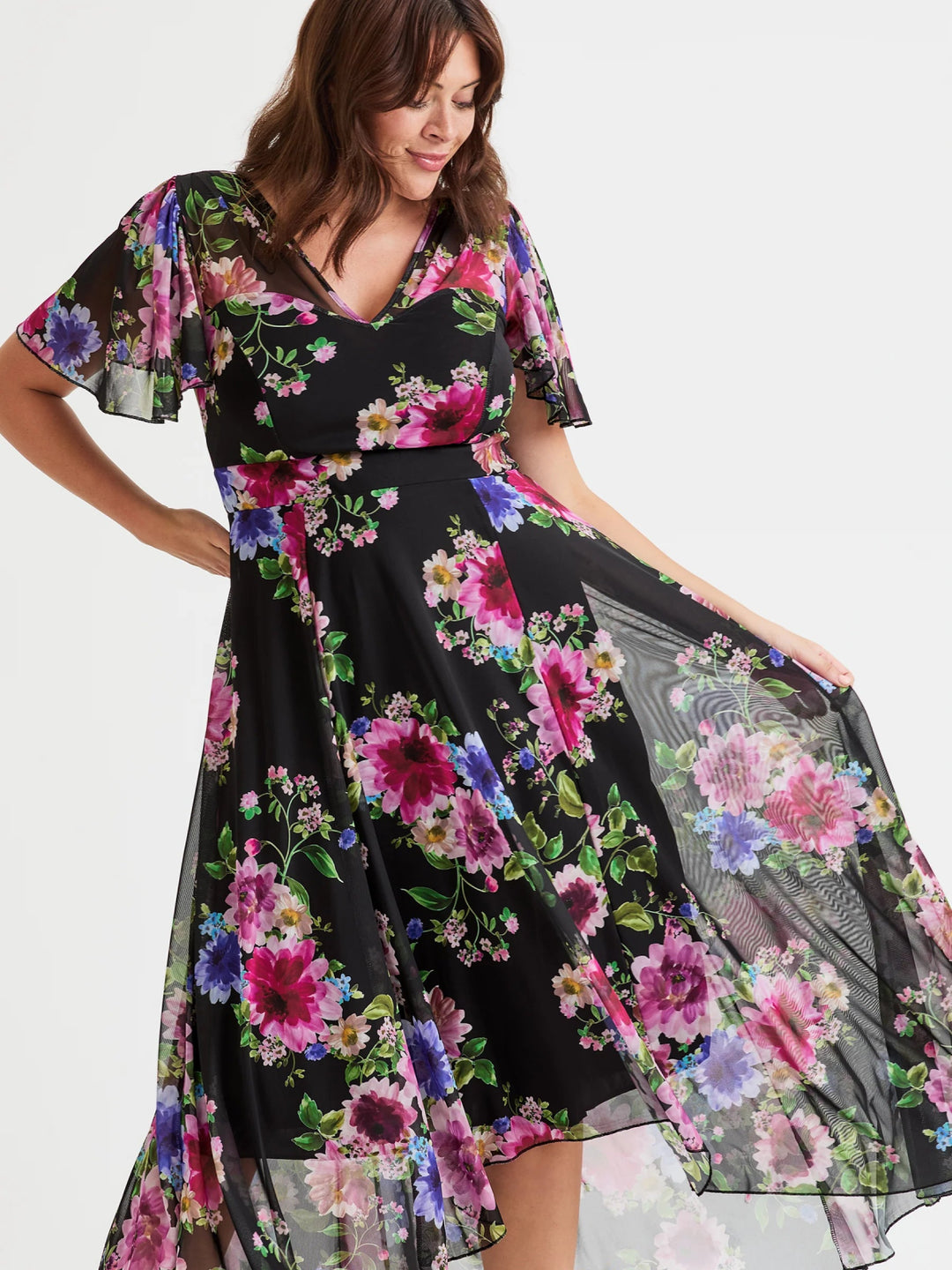Scarlett & Jo Tilly Black/Pink Print Angel Sleeve Sweetheart Midi Dress - Curvy Chic Boutique