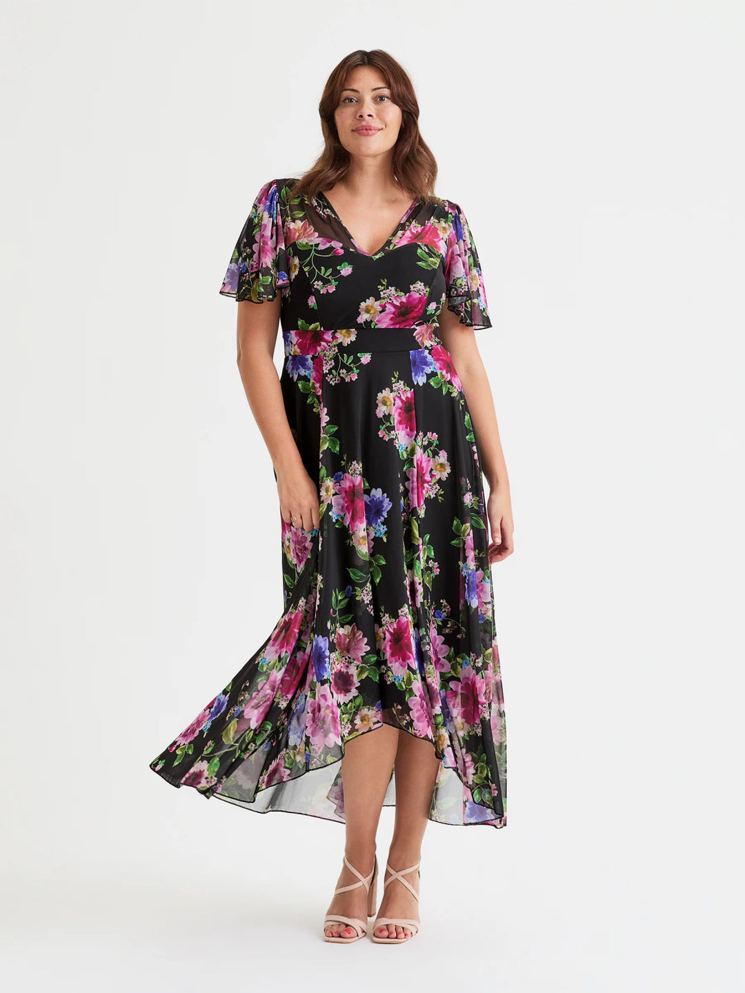 Scarlett & Jo Tilly Black/Pink Print Angel Sleeve Sweetheart Midi Dress - Curvy Chic Boutique