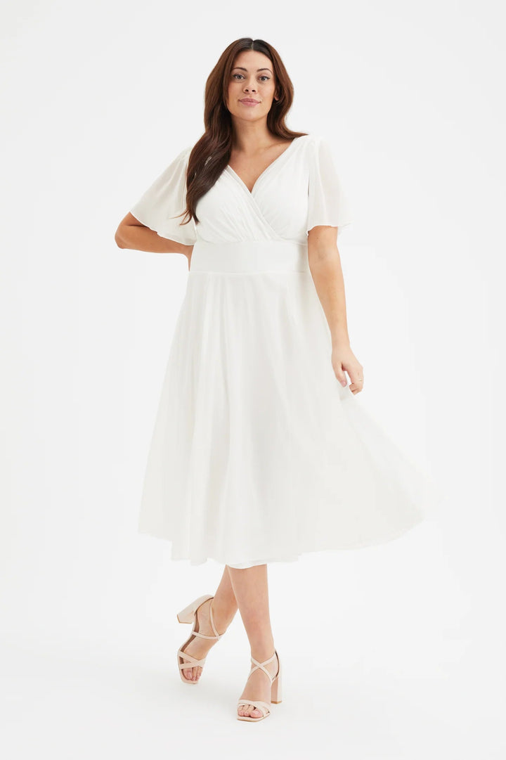 Scarlett & Jo | Victoria Angel Sleeve Mesh Wrap Midi Dress in Ivory - Curvy Chic Boutique