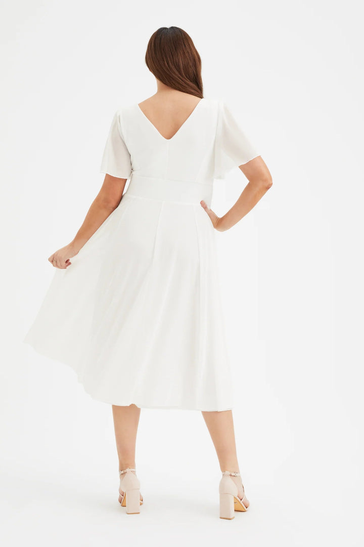 Scarlett & Jo | Victoria Angel Sleeve Mesh Wrap Midi Dress in Ivory - Curvy Chic Boutique