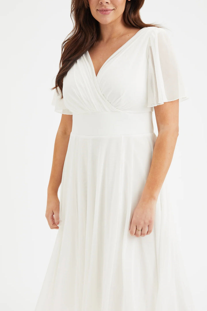 Scarlett & Jo | Victoria Angel Sleeve Mesh Wrap Midi Dress in Ivory - Curvy Chic Boutique