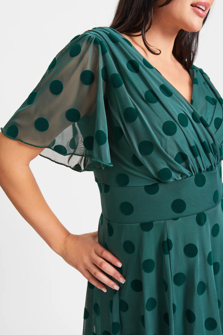 Scarlett & Jo | Victoria Angel Sleeve Polka Dot Mesh Midi Dress in Dark Green - Curvy Chic Boutique