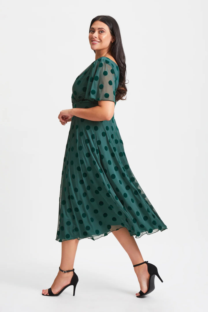 Scarlett & Jo | Victoria Angel Sleeve Polka Dot Mesh Midi Dress in Dark Green - Curvy Chic Boutique