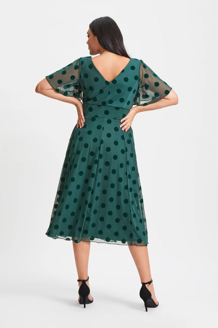 Scarlett & Jo | Victoria Angel Sleeve Polka Dot Mesh Midi Dress in Dark Green - Curvy Chic Boutique