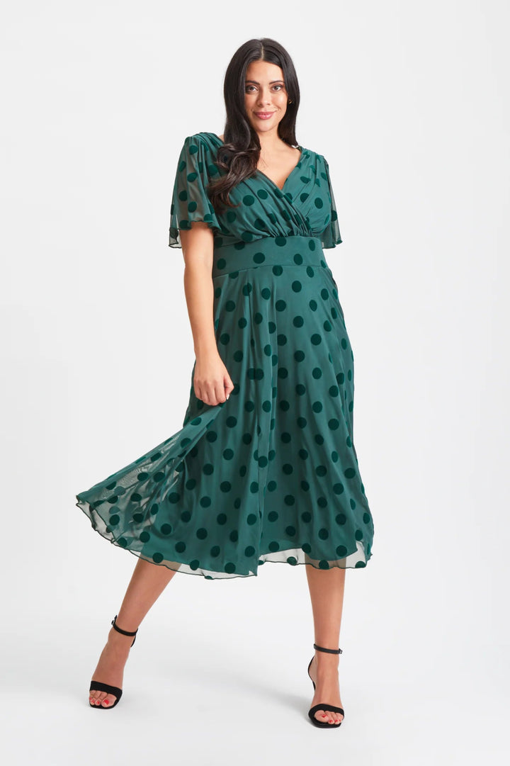 Scarlett & Jo | Victoria Angel Sleeve Polka Dot Mesh Midi Dress in Dark Green - Curvy Chic Boutique