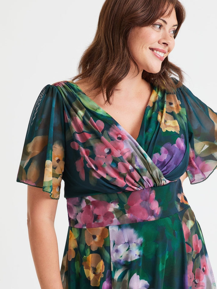 Victoria Green Multi Angel Sleeve Mesh Long Midi Dress - Curvy Chic Boutique