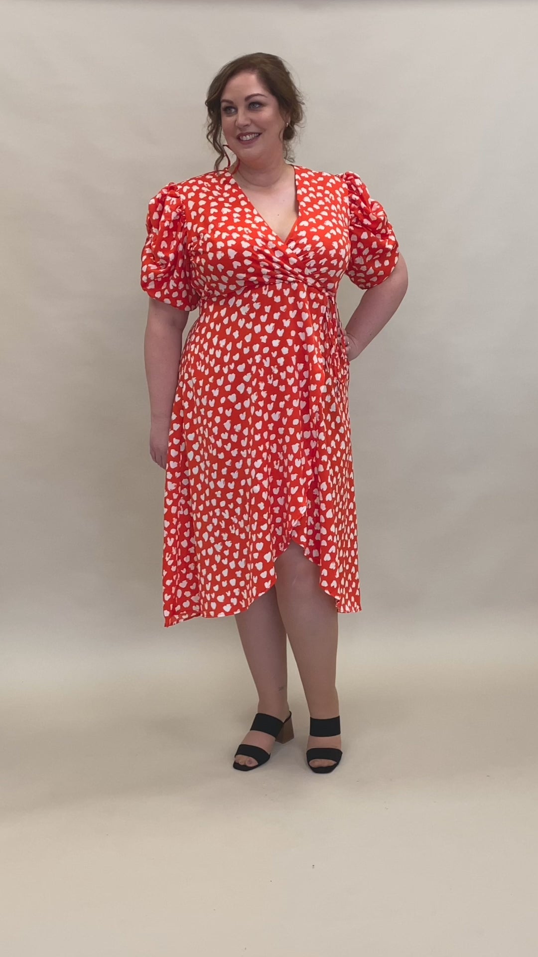Red Printed Plus Size Midi Dress with Puff Sleeves