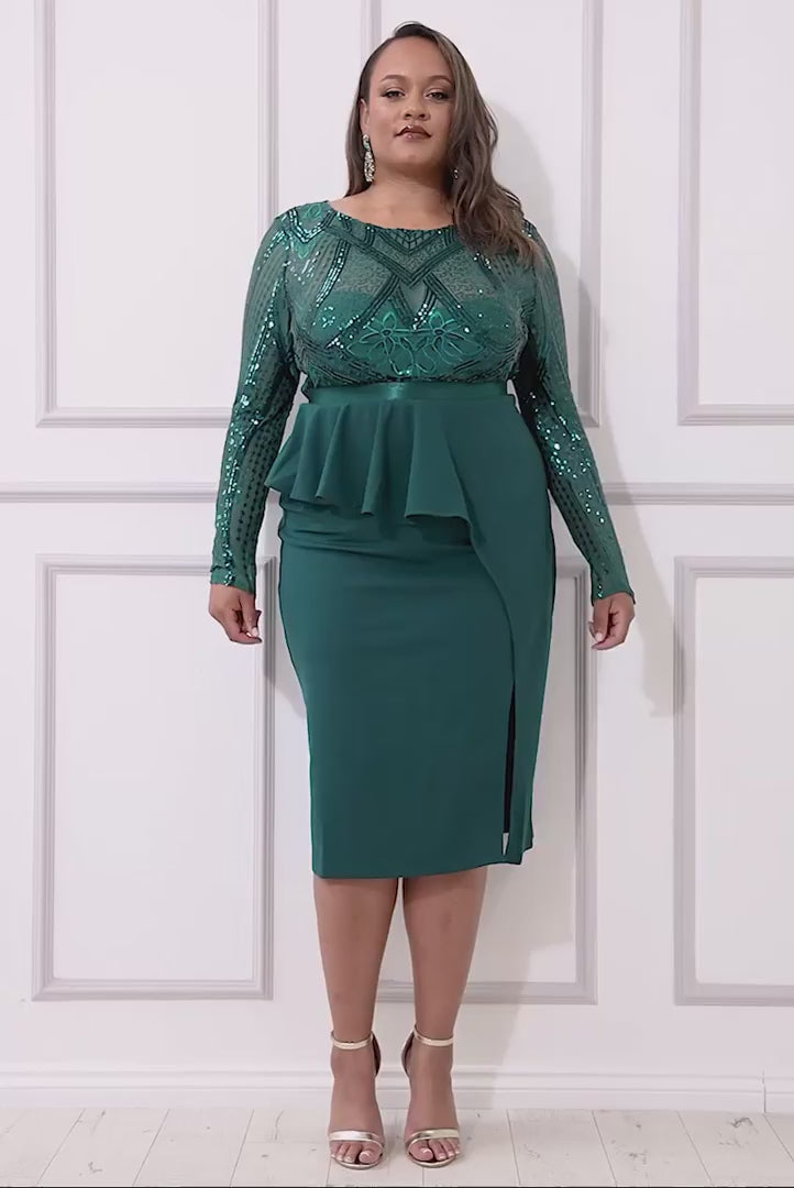 Emerald Sequin Bodice with Front Frill Plus Size Midi Dress