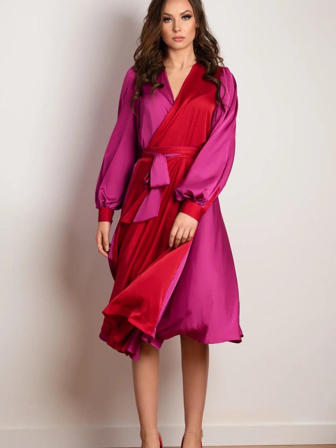Long sleeve plus size satin style duo colour maxi wrap dress - pink and red - Curvy Chic Boutique