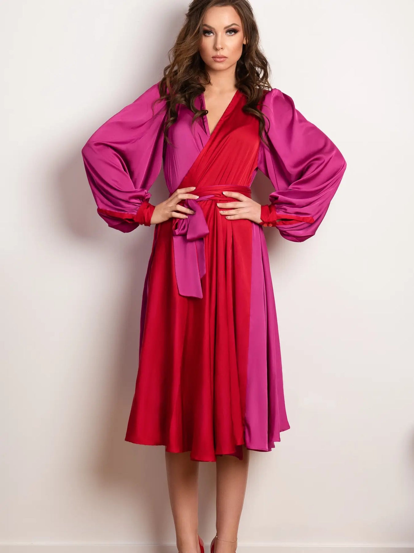 Chic Pink Red Plus Size Satin Midi Wrap Dress for Women | Curvy Chic  Boutique  Rebecca James (formerly Curvy Chic Boutique)