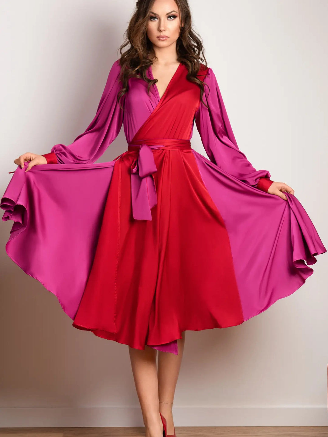 Long sleeve plus size satin style duo colour maxi wrap dress - pink and red - Curvy Chic Boutique