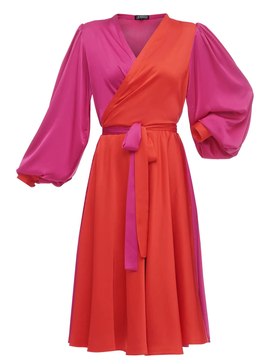 Long sleeve plus size satin style duo colour maxi wrap dress - pink and red - Curvy Chic Boutique