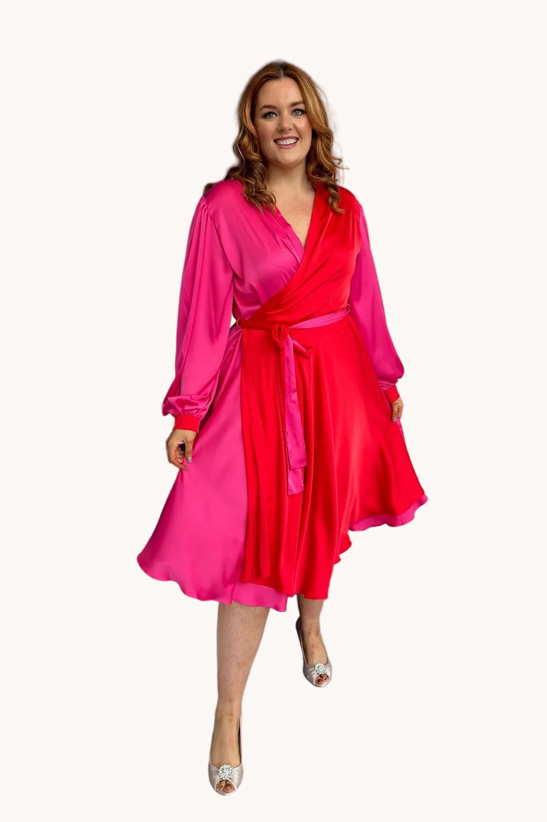 Pink + Red Long Sleeve Plus Size Satin Style Duo Colour Midi Wrap Dress - Curvy Chic Boutique -  full length view