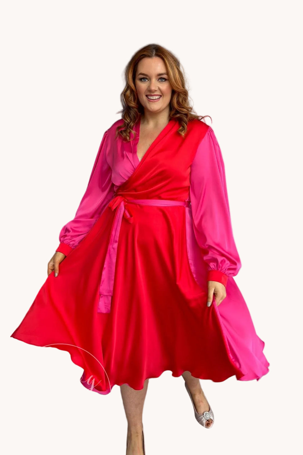 Pink + Red Long Sleeve Plus Size Satin Style Duo Colour Midi Wrap Dress - Curvy Chic Boutique