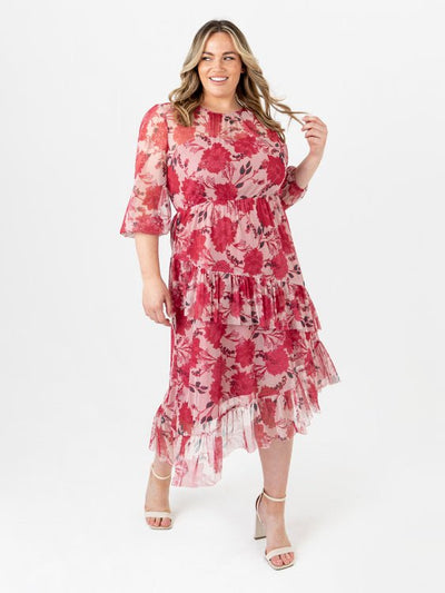 Anaya With Love Recycled Floral Asymmetrical Ruffle Pink Midi Dress - Curvy Chic Boutique