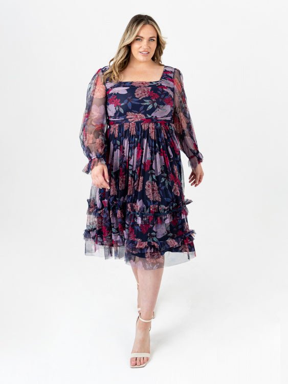 Anaya With Love Recycled Navy Floral Square Neck Ruffle Midi Dress - Curvy Chic Boutique