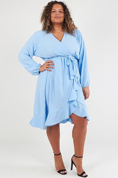 Baby Blue Plus Size Midi Wrap Dress With Ruffle Detail - Curvy Chic Boutique