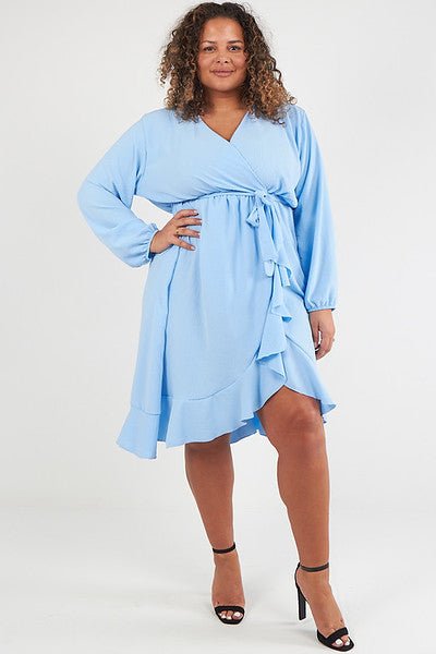 Baby Blue Plus Size Midi Wrap Dress With Ruffle Detail - Curvy Chic Boutique