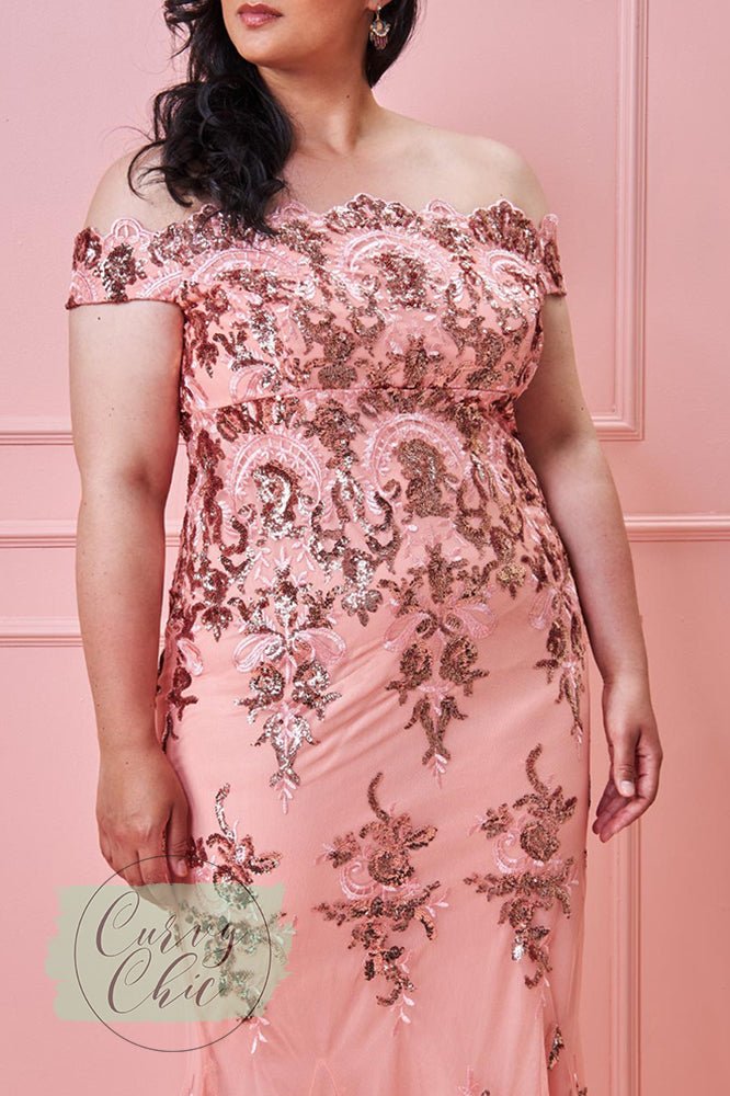 Bardot Maxi Dress with Sequin Detail - Blush/Peach - Curvy Chic Boutique