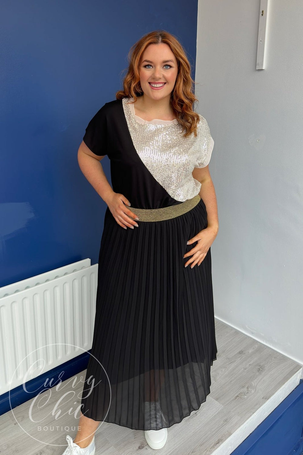 Black Pleated Skirt With Gold Waistband - Curvy Chic Boutique