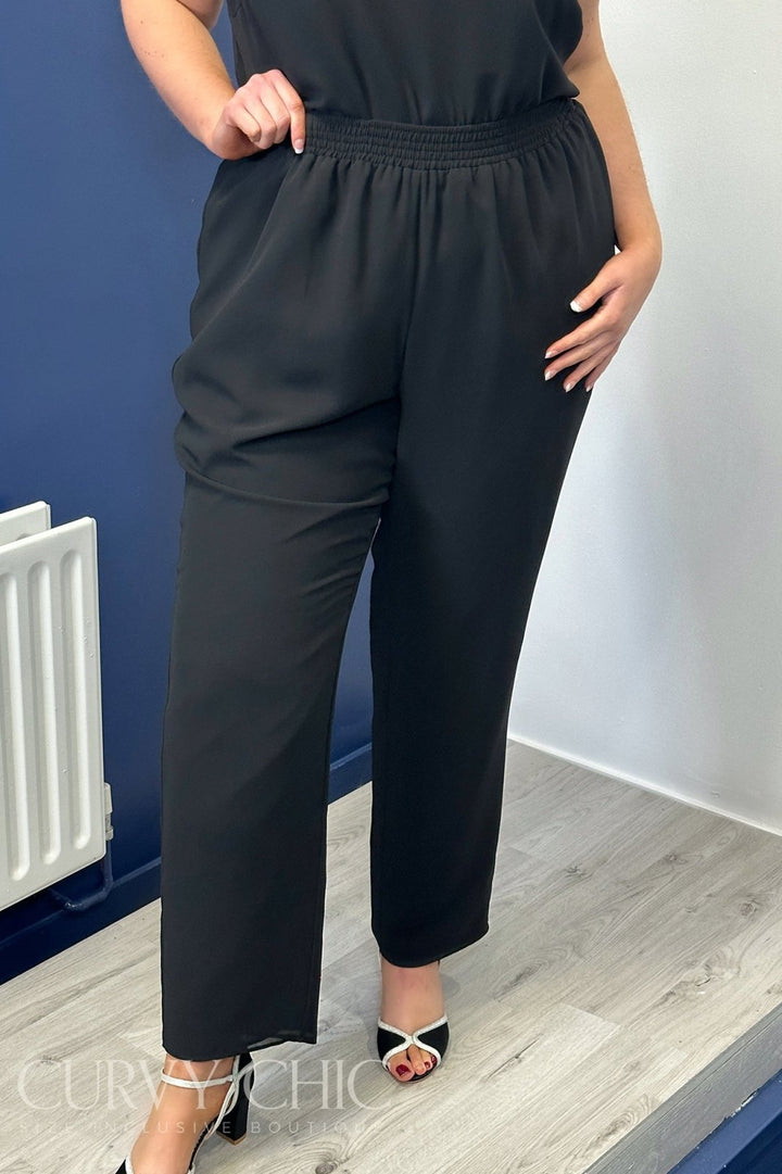 Black Plus Size Loose Fitting Straight Leg Stretch Trousers - Curvy Chic Boutique