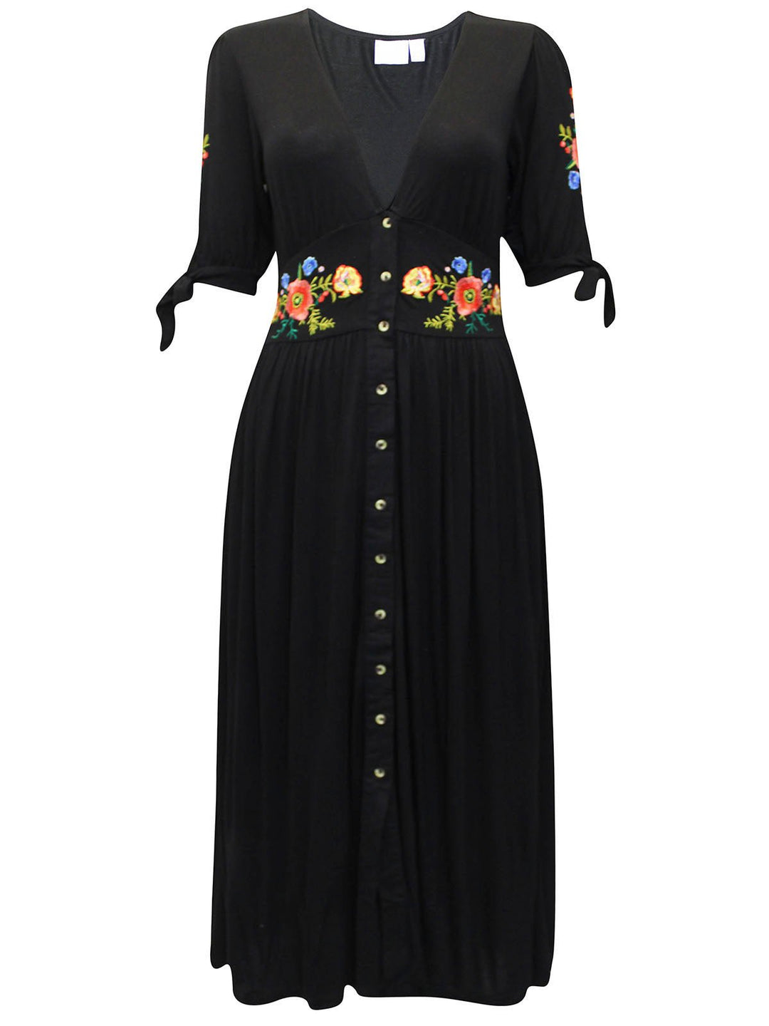 Black Plus Size Short Sleeve Button Down Floral Embroidered Dress - Curvy Chic Boutique