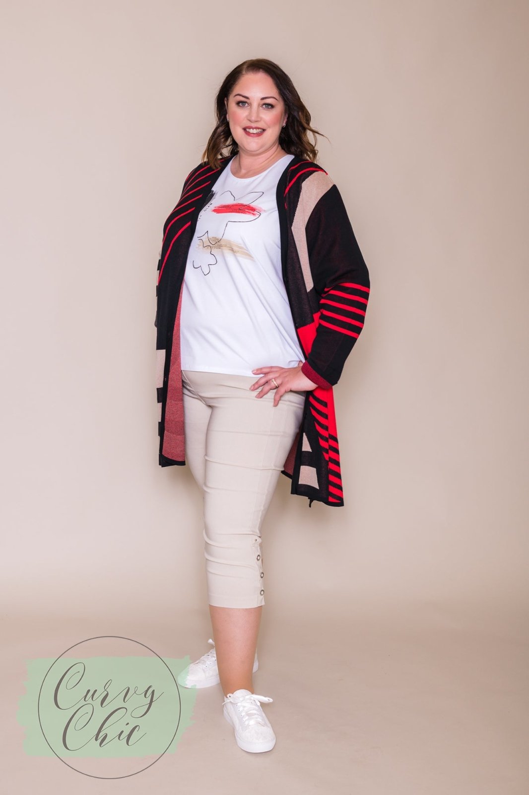 Black, Red & Beige Long Cardigan - Curvy Chic Boutique