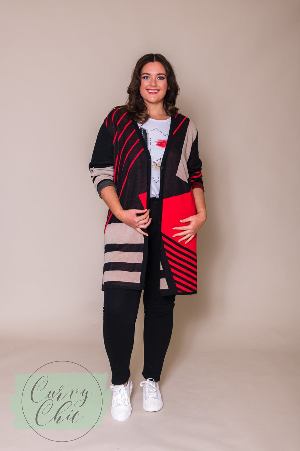 Black, Red & Beige Long Cardigan - Curvy Chic Boutique