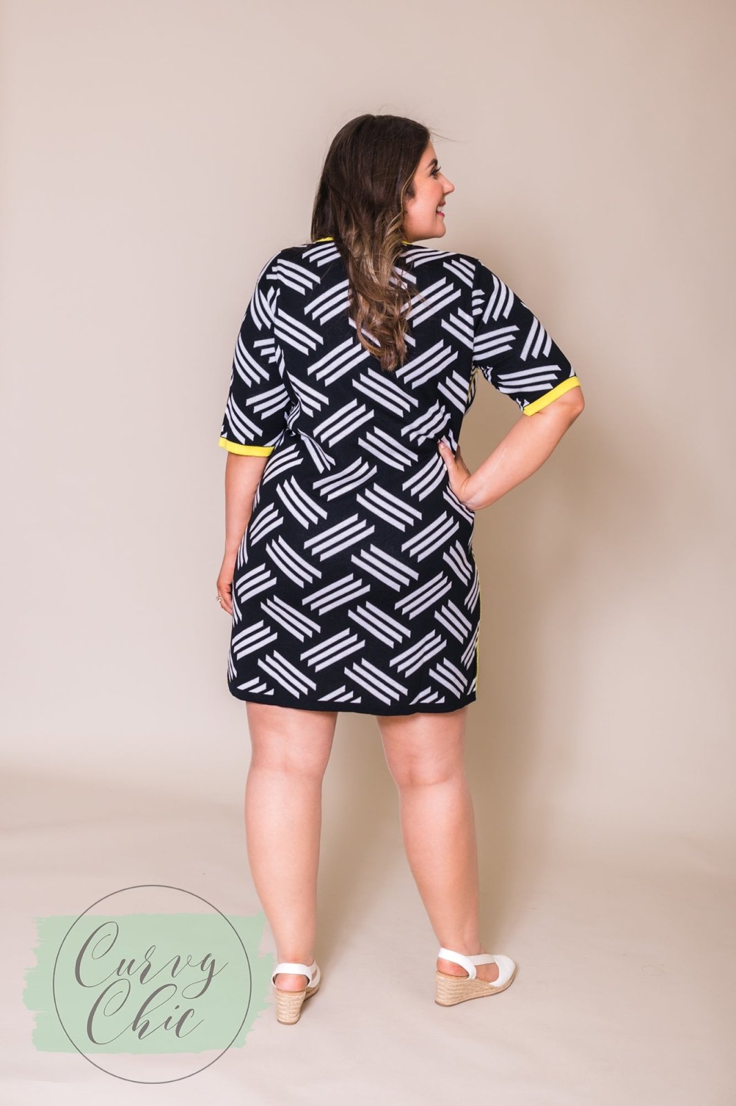 Black & White short sleeved knitted plus size midi dress - Curvy Chic Boutique
