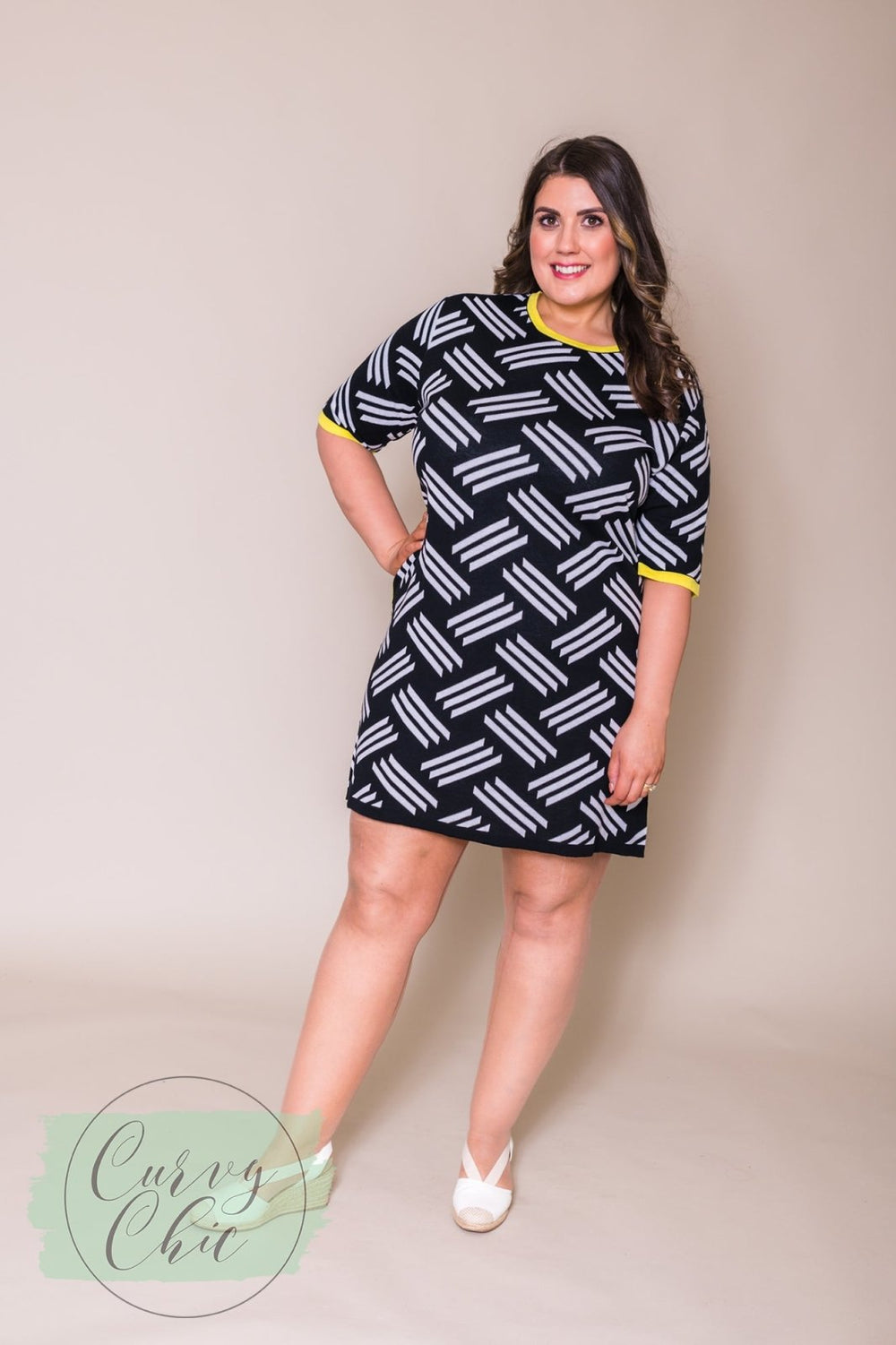 Black & White short sleeved knitted plus size midi dress - Curvy Chic Boutique