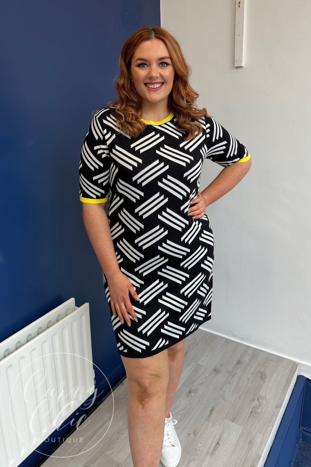 Black & White Short Sleeved Knitted Plus Size Midi Dress - Curvy Chic Boutique