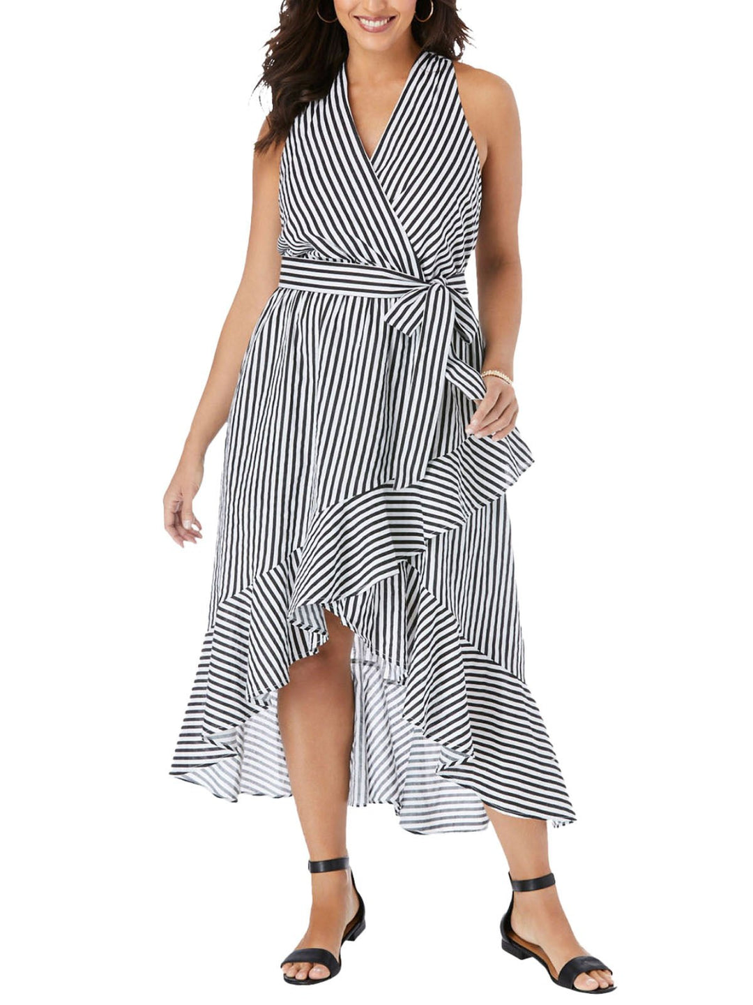 Black White Striped Halterneck Wrap Max Ruffled Dress - Curvy Chic Boutique