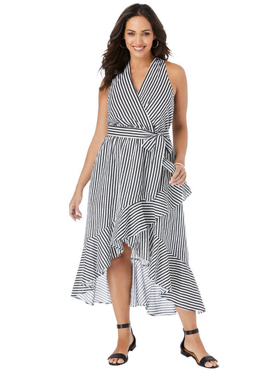 Black White Striped Halterneck Wrap Max Ruffled Dress - Curvy Chic Boutique
