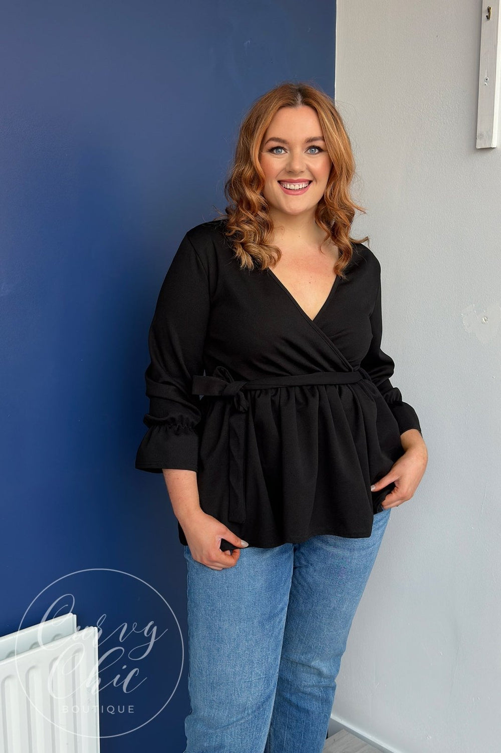 Black Wrap Plus Size Peplum Top with sleeves - Curvy Chic Boutique