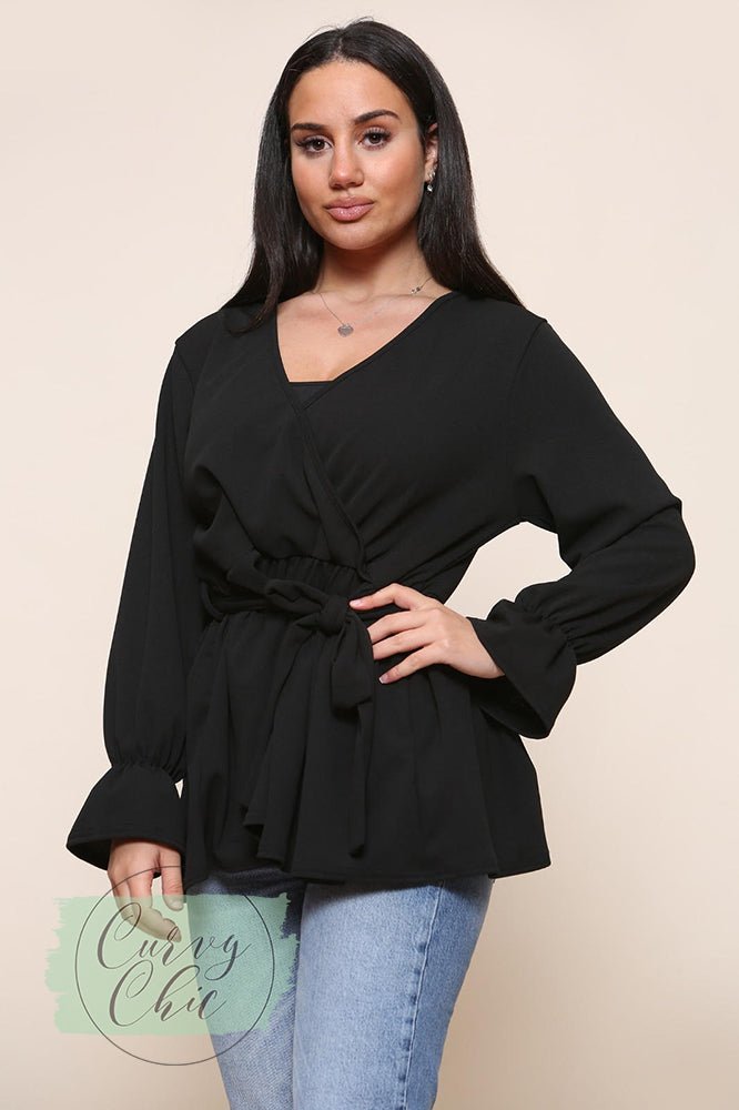Black Wrap Plus Size Peplum Top with sleeves - Curvy Chic Boutique