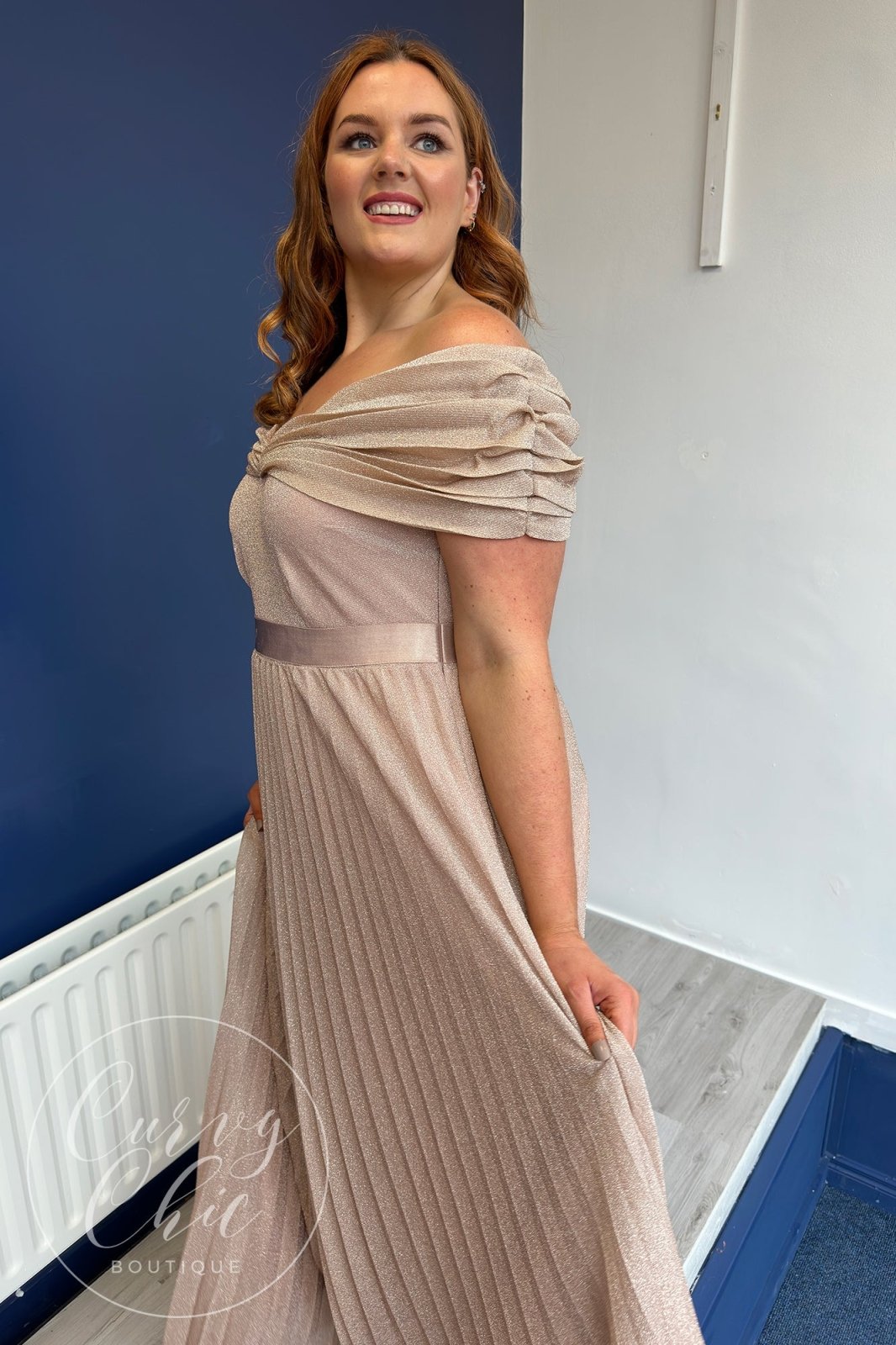 Blush Off The Shoulder Plus Size Glitter Pleated Evening Dress - Curvy Chic Boutique