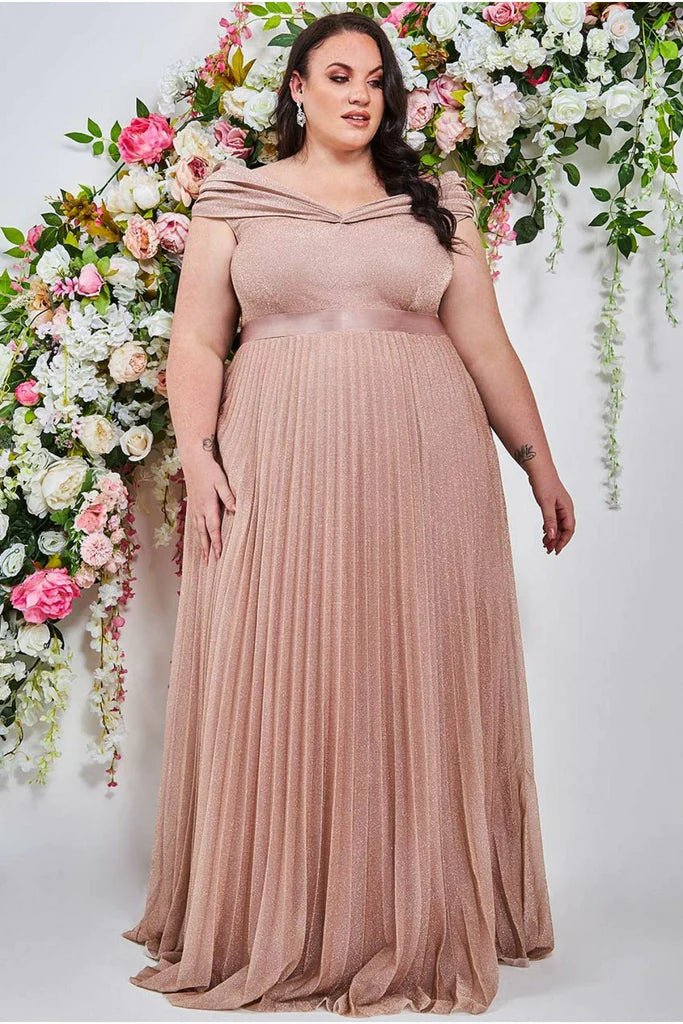 Blush Off The Shoulder Plus Size Glitter Pleated Evening Dress - Curvy Chic Boutique