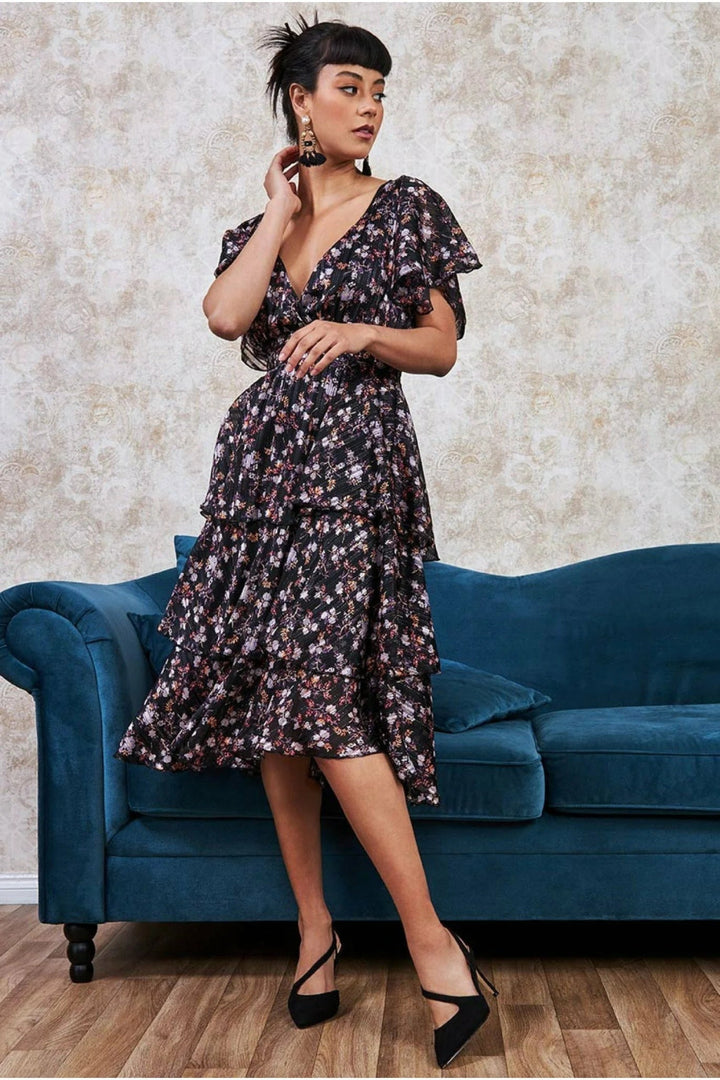 City Goddess Navy Floral Layered Midi Dress With Flutter Sleeves - Curvy Chic Boutique