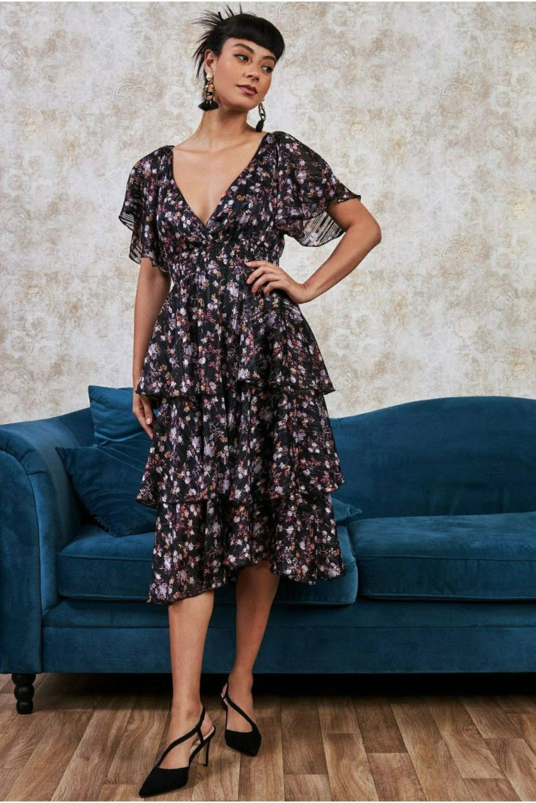 City Goddess Navy Floral Layered Midi Dress With Flutter Sleeves - Curvy Chic Boutique