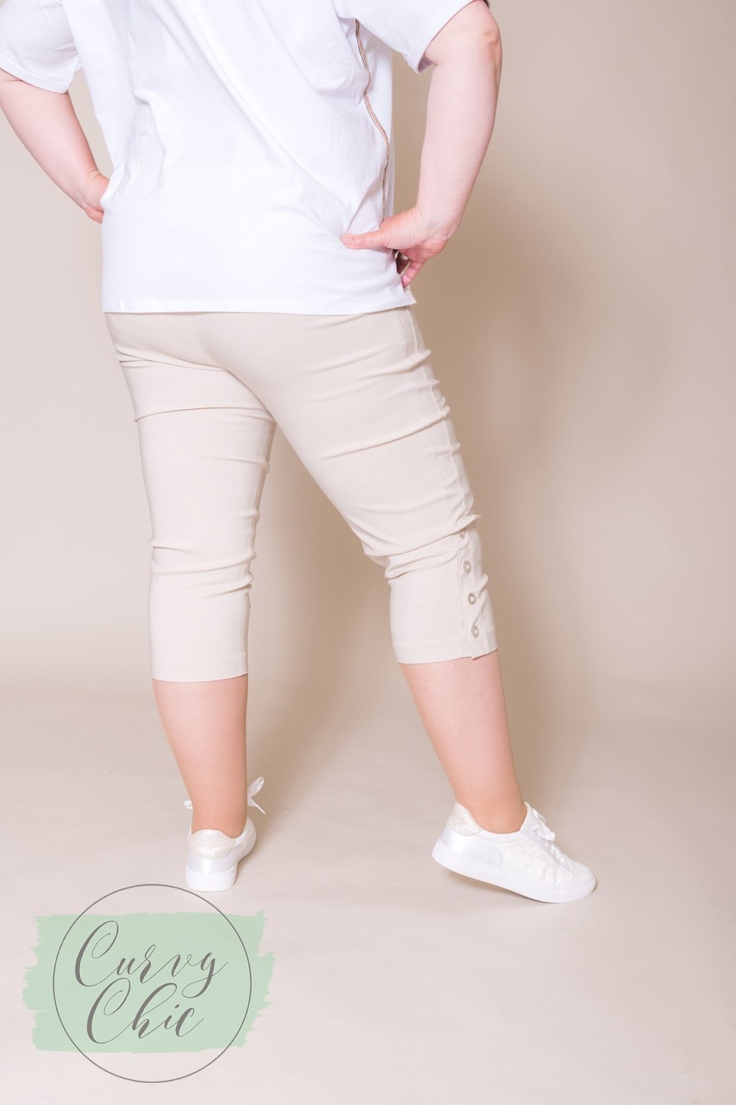 Cropped Beige Plus Size Stretch Trousers with Rivet Detail - Curvy Chic Boutique