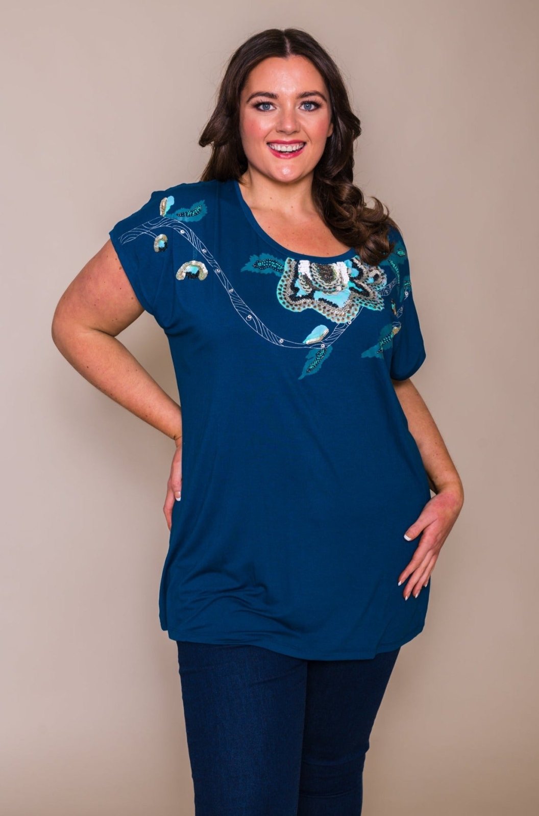 Dark Teal SuperSoft Sequin Detailed Plus Size T-Shirt - Curvy Chic Boutique