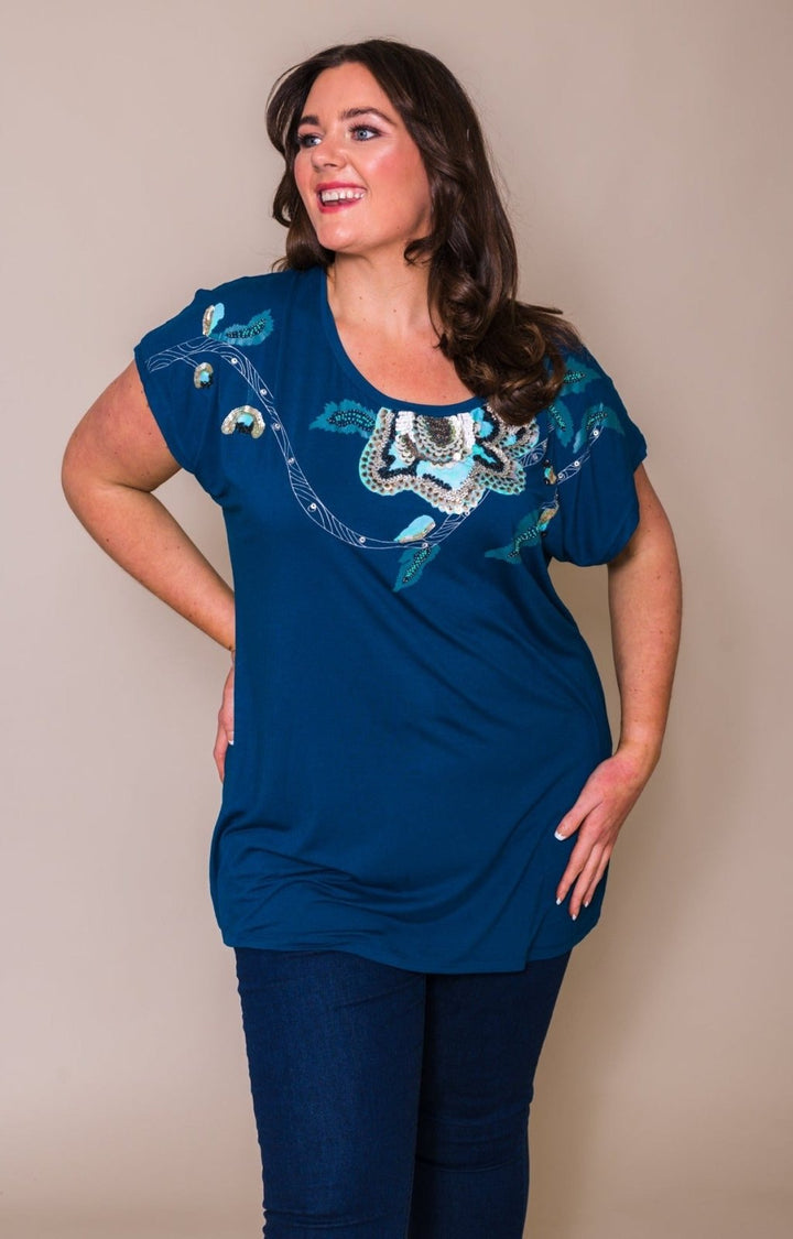 Dark Teal SuperSoft Sequin Detailed Plus Size T-Shirt - Curvy Chic Boutique