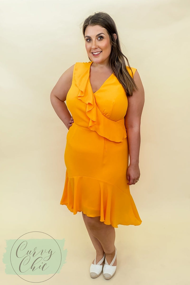 Ellos Orange Dipped Hem Sleeveless Wrap Plus Size Dress - Curvy Chic Boutique