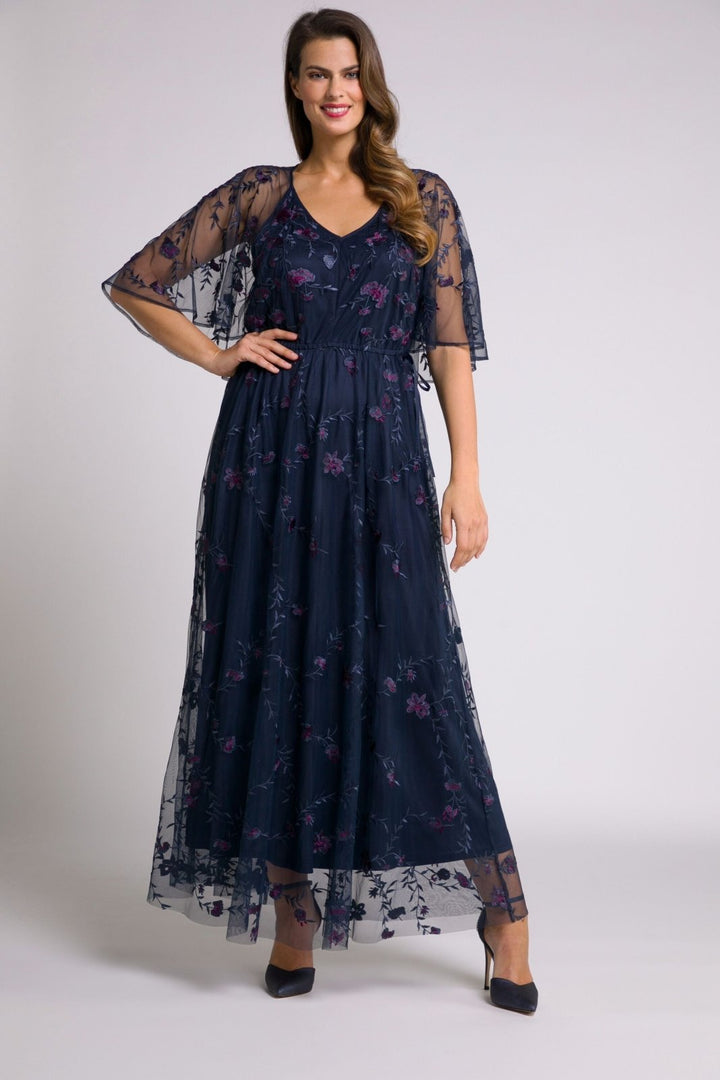 Embroidered Floral V Neck Maxi dress - Navy - Curvy Chic Boutique