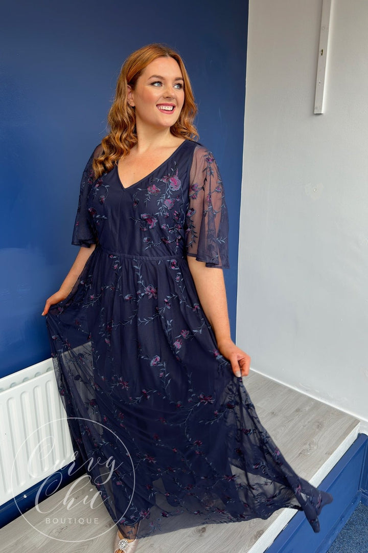 Embroidered Floral V Neck Navy Maxi Dress - Curvy Chic Boutique