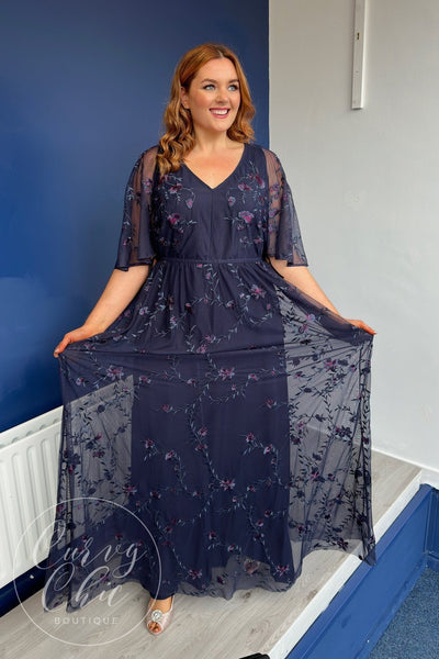 Embroidered Floral V Neck Navy Maxi Dress - Curvy Chic Boutique