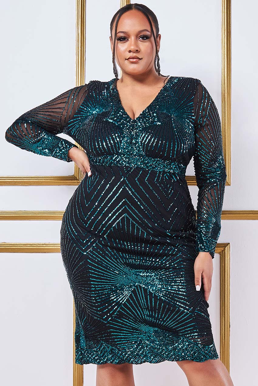 Full Length Dress with ILLusion NECK Emerald Plus Size