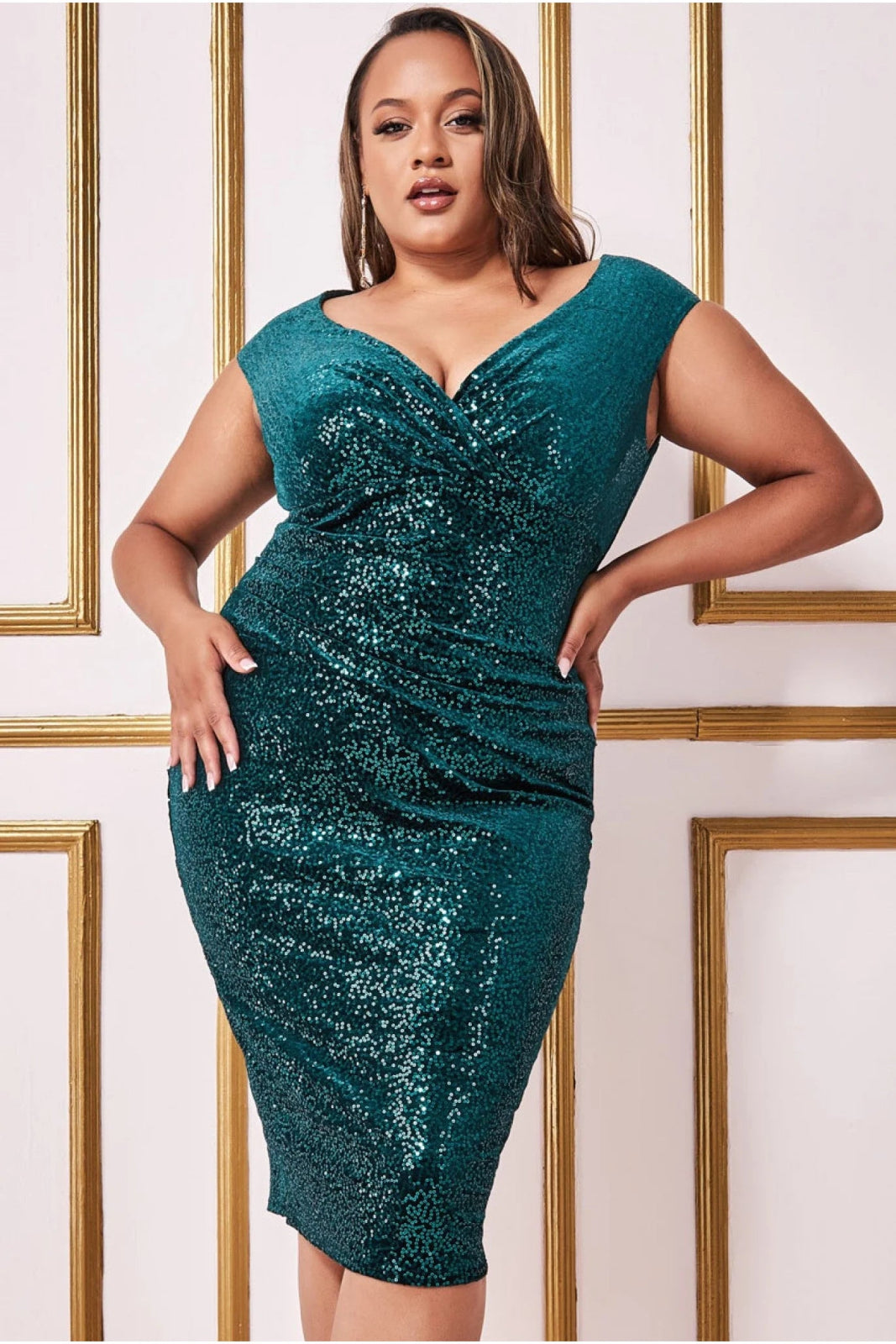 Emerald Plus Size Wrap Bardot Patterned Sequin Velvet Midi Dress - Curvy Chic Boutique