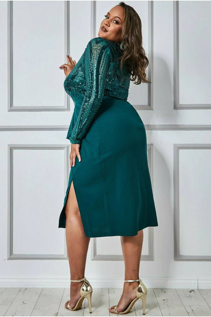 Emerald Sequin Bodice with Front Frill Plus Size Midi Dress - Curvy Chic Boutique